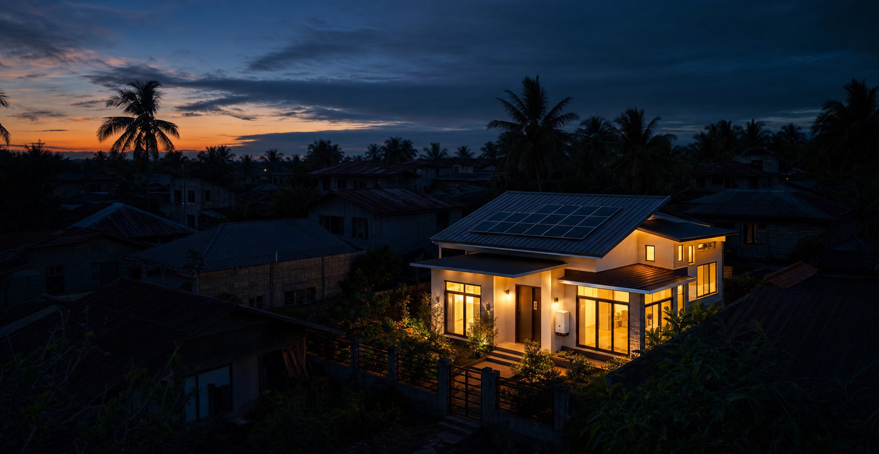 Illustrative image: a street at night during a brownout, with one house keeping its lights on from rooftop solar