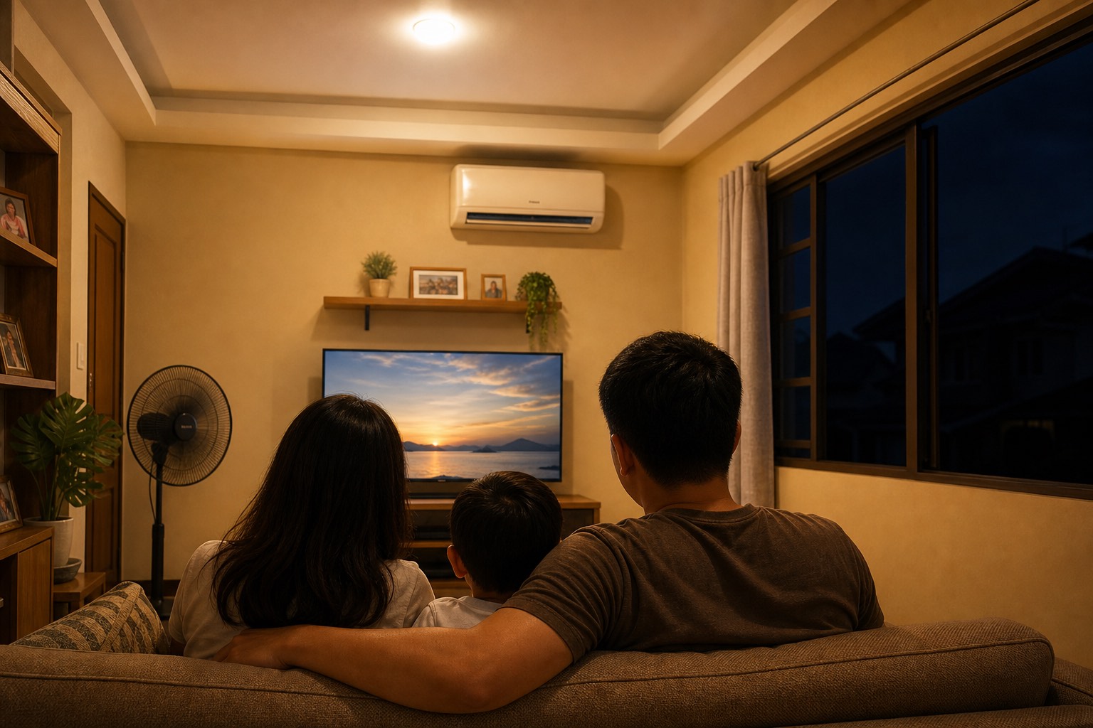 Illustrative image: a family at home with the lights on at night while the street outside stays dark